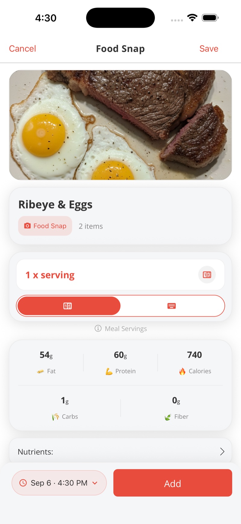 Food Snap result: Ribeye & Eggs, 2 items, 54 g fat, 60 g protein, 740 calories, ready to add