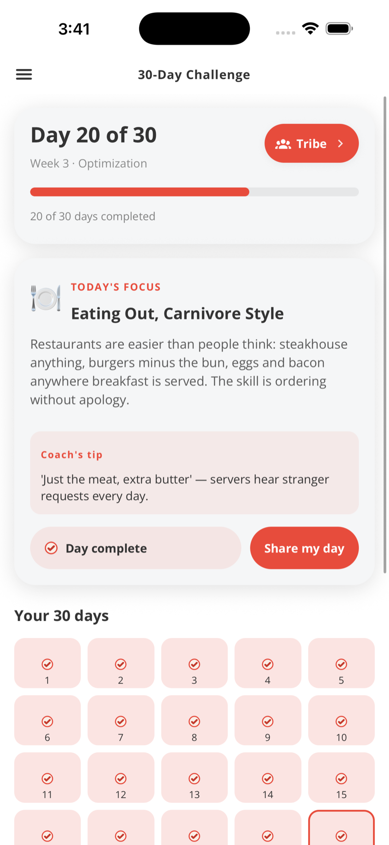 30-Day Challenge: day 20 of 30, today's focus Eating Out Carnivore Style, coach's tip, 20 days completed
