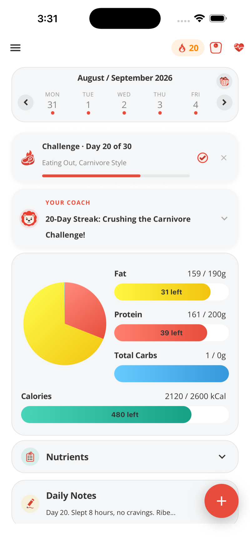 Vore log for today: challenge day 20 of 30, coach note, fat 159 of 190 g, protein 161 of 200 g, 2,120 of 2,600 kcal