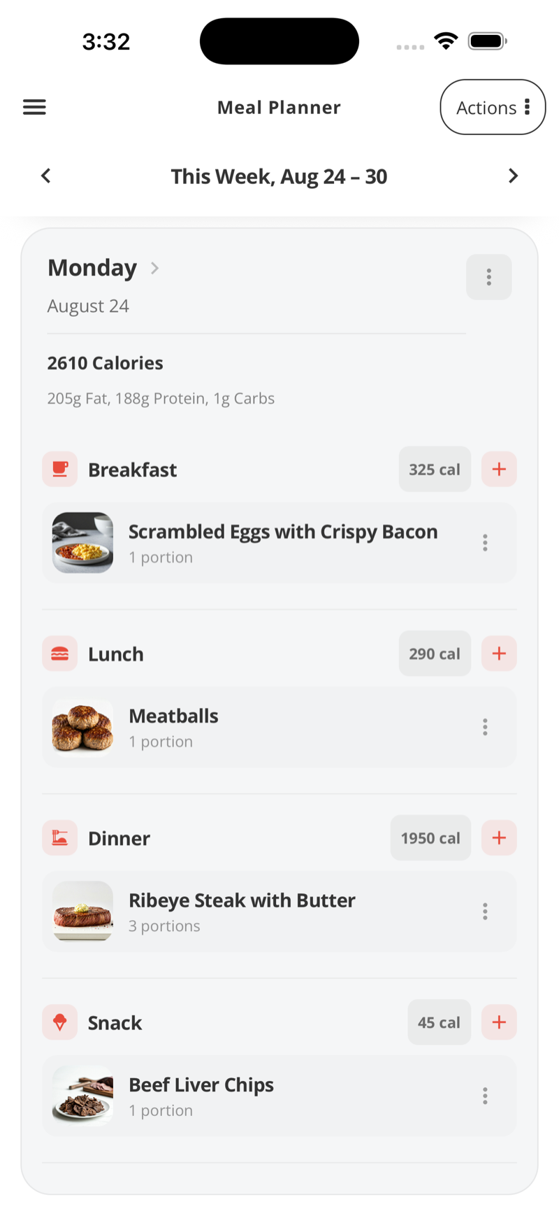 Meal planner: Monday with scrambled eggs and bacon, meatballs, ribeye with butter and beef liver chips, 2,610 calories
