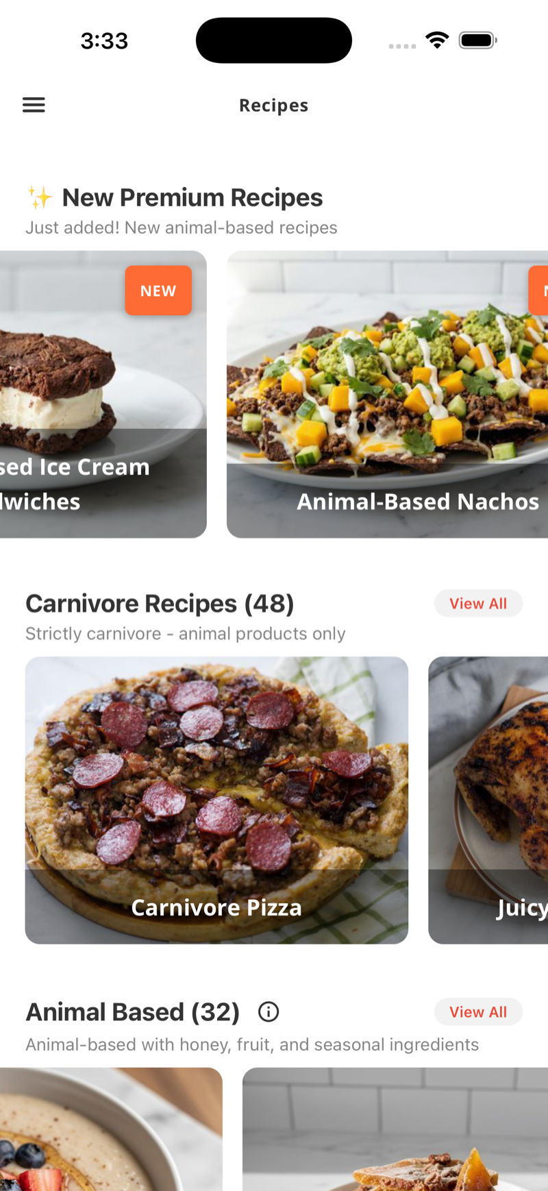 Recipes: new premium recipes, 48 carnivore recipes including Carnivore Pizza, 32 animal-based